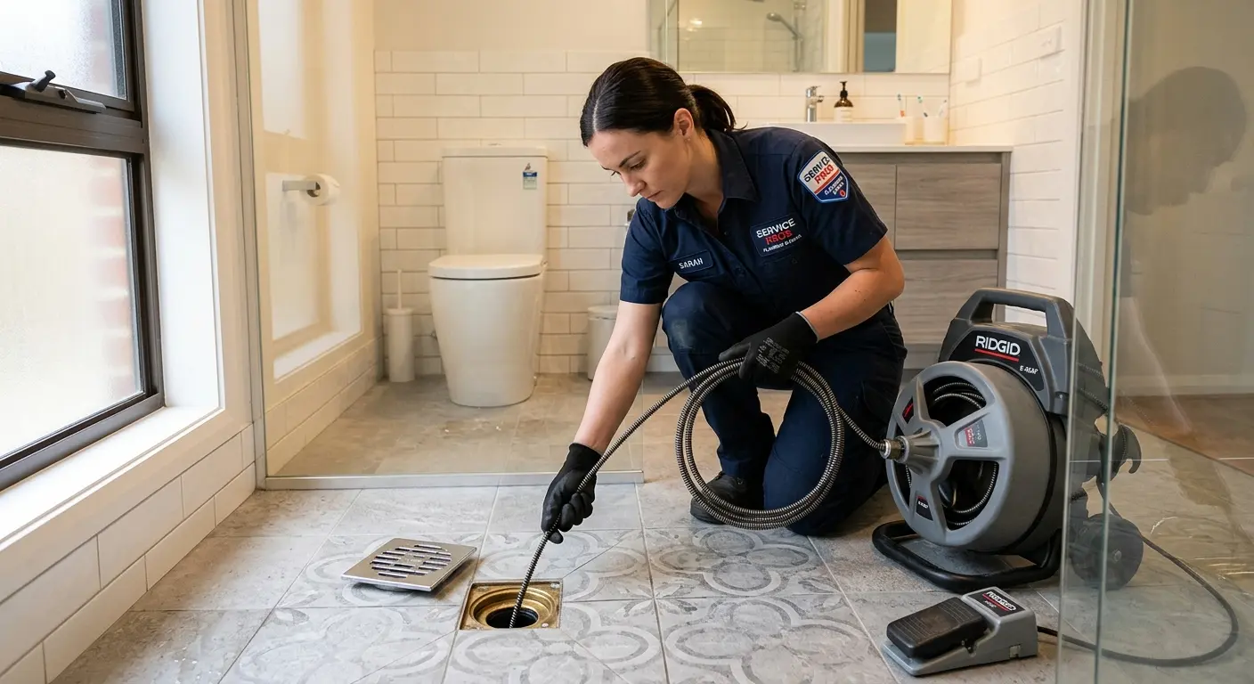 Technician clearing a bathroom floor drain for Drain Repair in Hastings